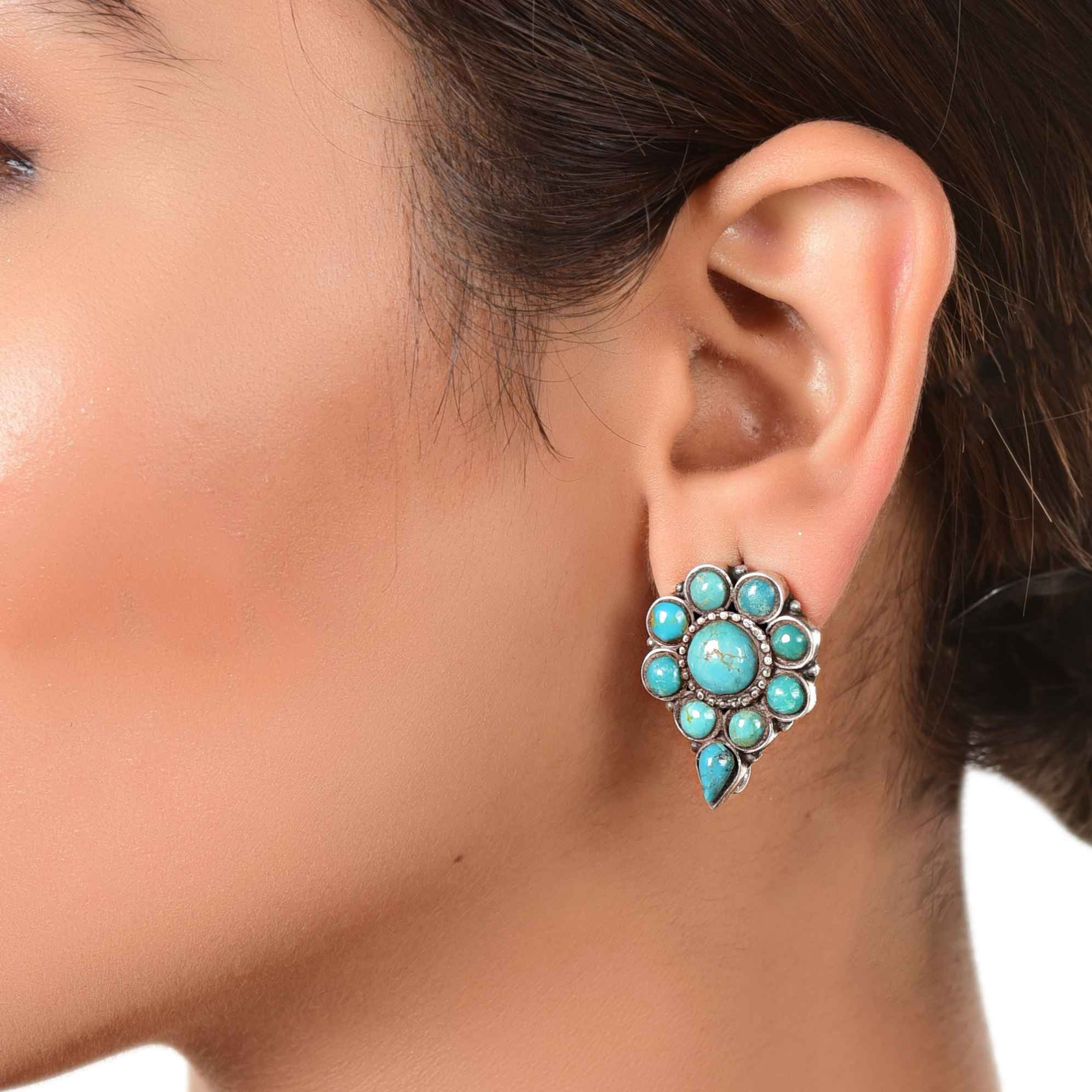 Ethnic flower Turquoise Silver Stud :SKU5966